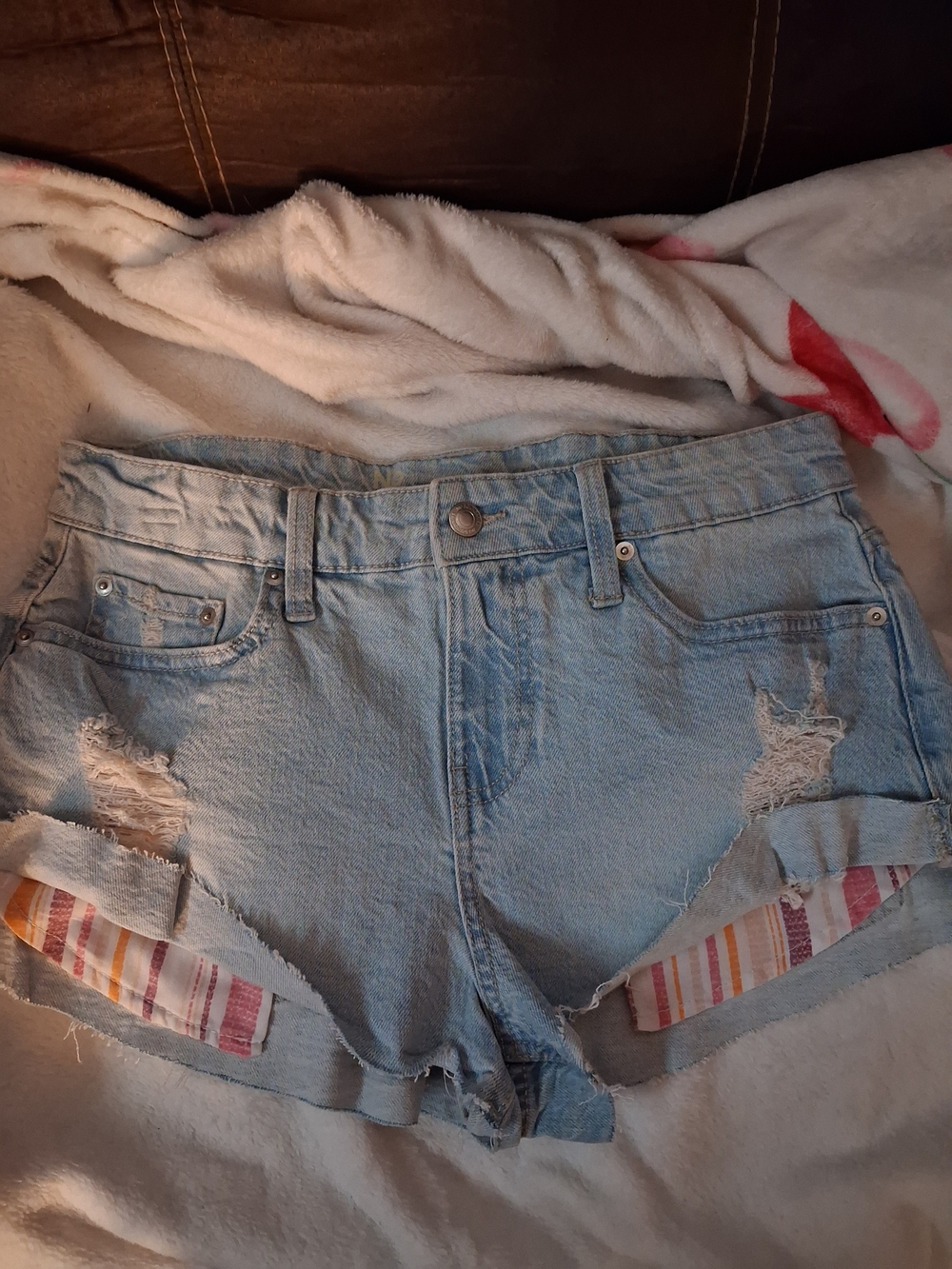 No Boundaries Light Blue Distressed Denim Shorts with Striped Underlay